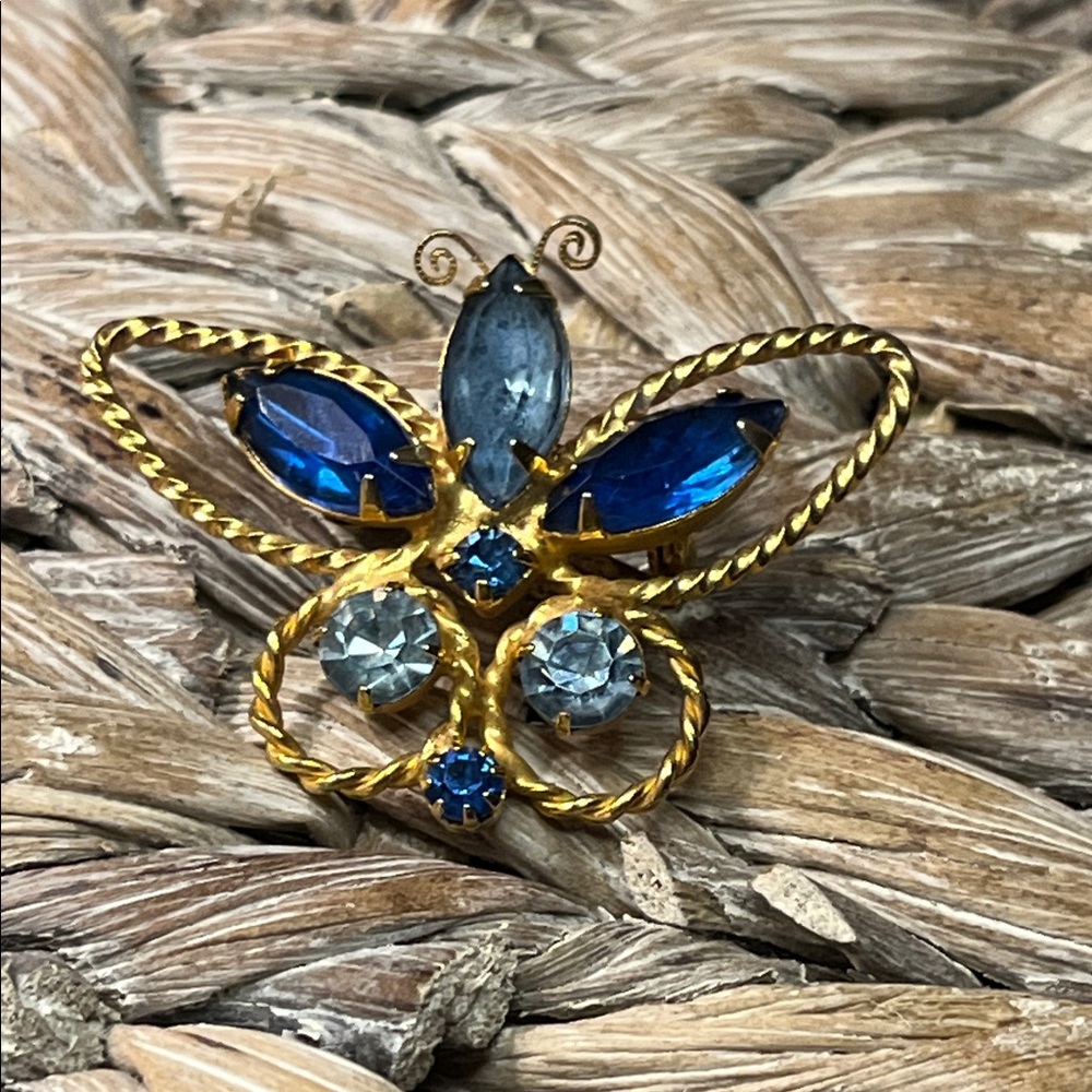 Vintage‎ Gold Tone and Blue Rhinestone Butterfly Brooch